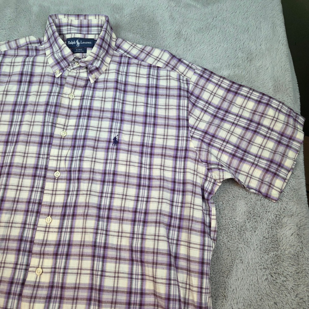 Ralph Lauren Button Down Shirt Men L Blake Short Sleeve Plaid Button Down Purple